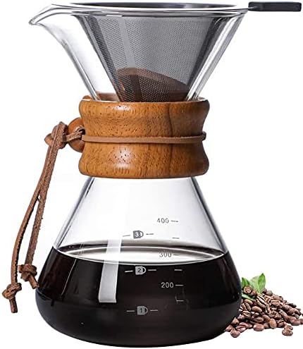 Pour Over Coffee Maker,Reusable Glass Coffee Pot Manual Dripper Brewer Hand Drip with Stainless Steel Filter for Home Travel (14 oz/400 ml)