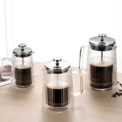 Transparent Elegant Ribbed Double Wall Glass French Press - 350ml Heat Resistant Coffee and Tea Maker with Stainless Steel Filter