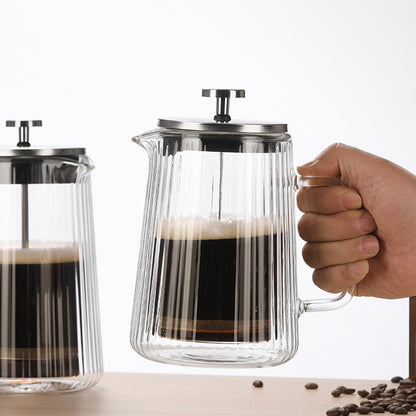 Transparent Elegant Ribbed Double Wall Glass French Press - 350ml Heat Resistant Coffee and Tea Maker with Stainless Steel Filter