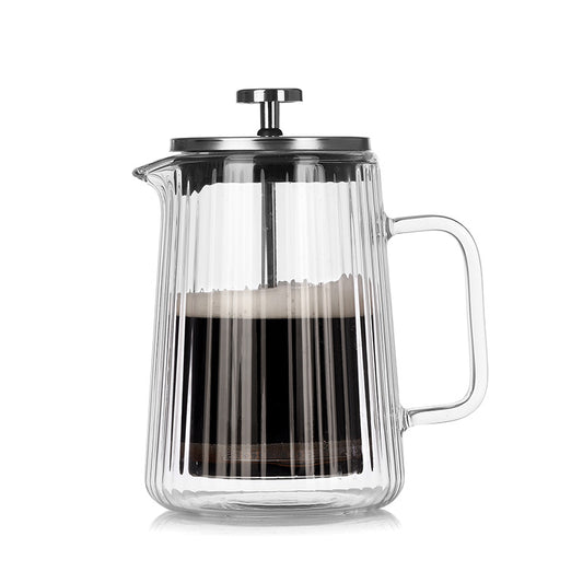 Transparent Elegant Ribbed Double Wall Glass French Press - 650ml Heat Resistant Coffee and Tea Maker with Stainless Steel Filter