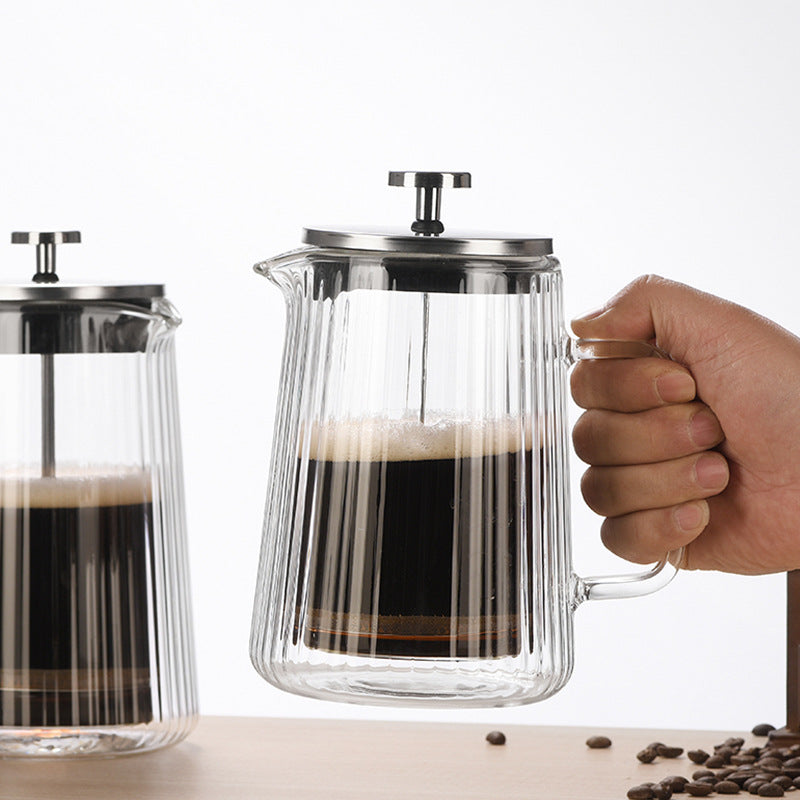 Transparent Elegant Ribbed Double Wall Glass French Press - 1000ml Heat Resistant Coffee and Tea Maker with Stainless Steel Filter