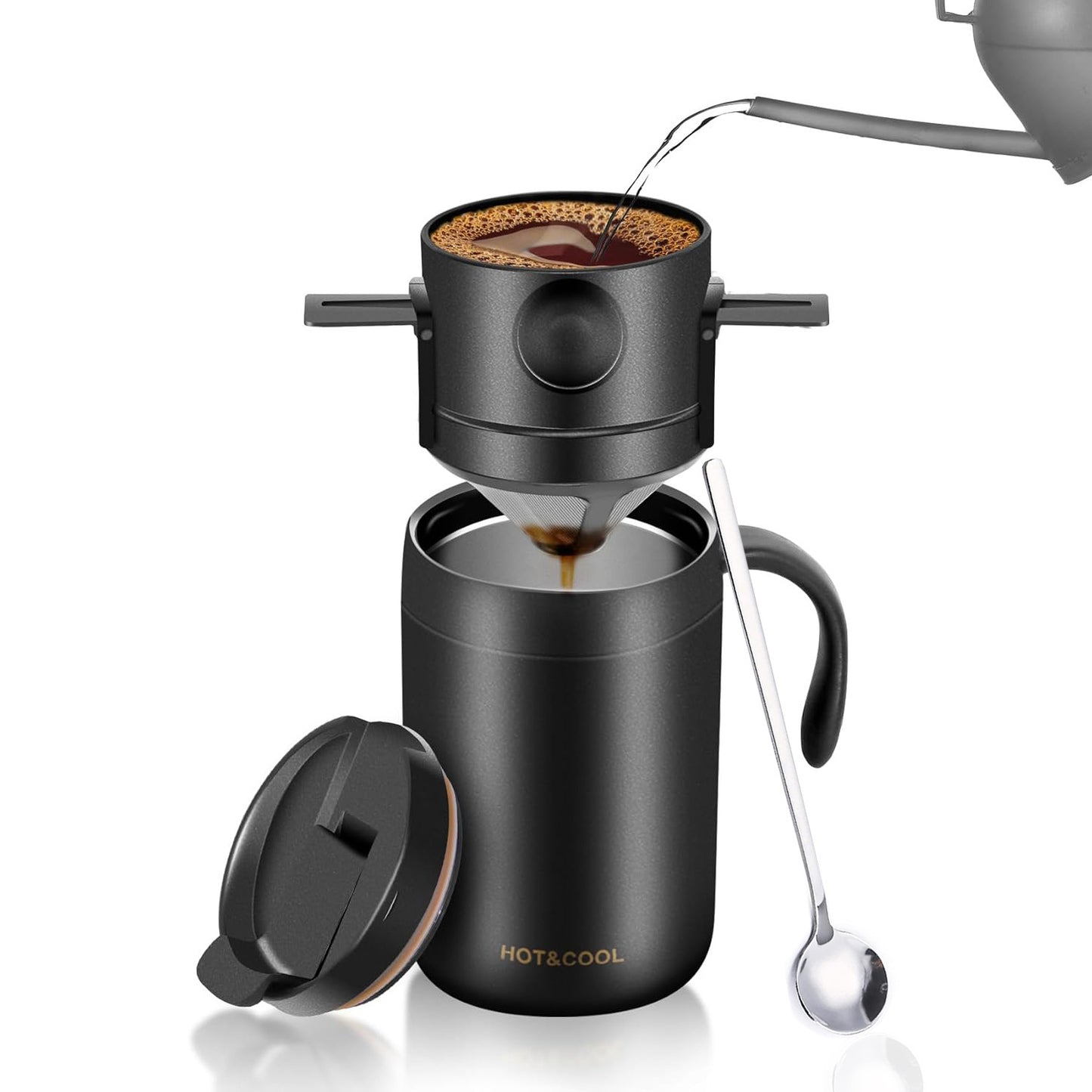 Black Portable Pour Over Coffee Maker Set Stainless Steel Insulated Travel Mug with Collapsible Reusable Dripper Filter for Camping Office and Home